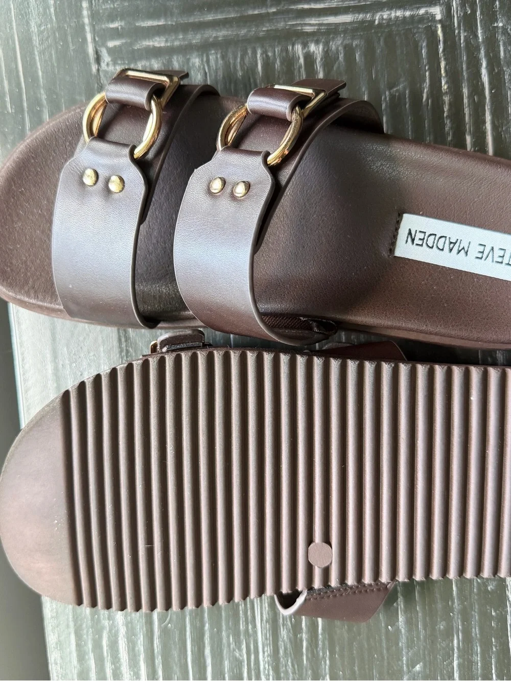 Steve Madden Dark Brown Double Buckle Slide Sandals - Picture 2 of 3